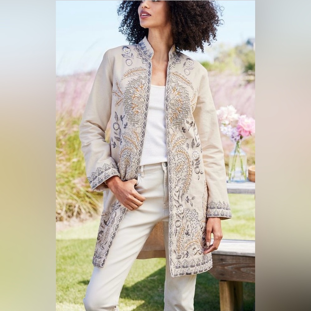Soft Surroundings Kerala Embellished Natural Beaded Embroidery Jacket Blazer Sml